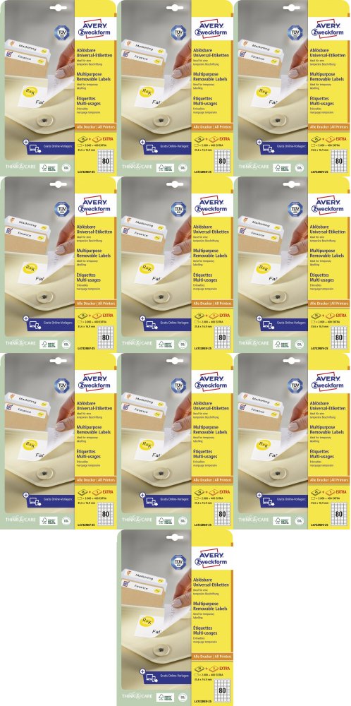 10x Etykiety samoprzylepne usuwalne Avery Zweckform, 35.6x16.9mm, 25 arkuszy + 5 gratis, biały