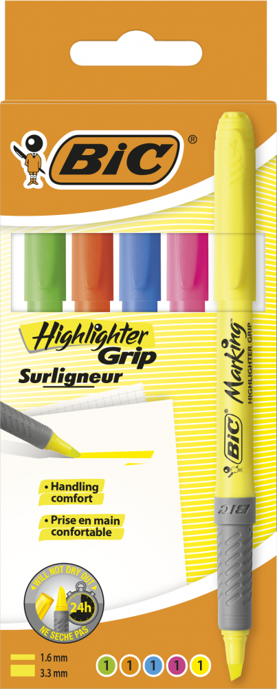 Zakreślacz BIC Highlighter Grip, ścięta, w etui, 5 sztuk, mix kolorów