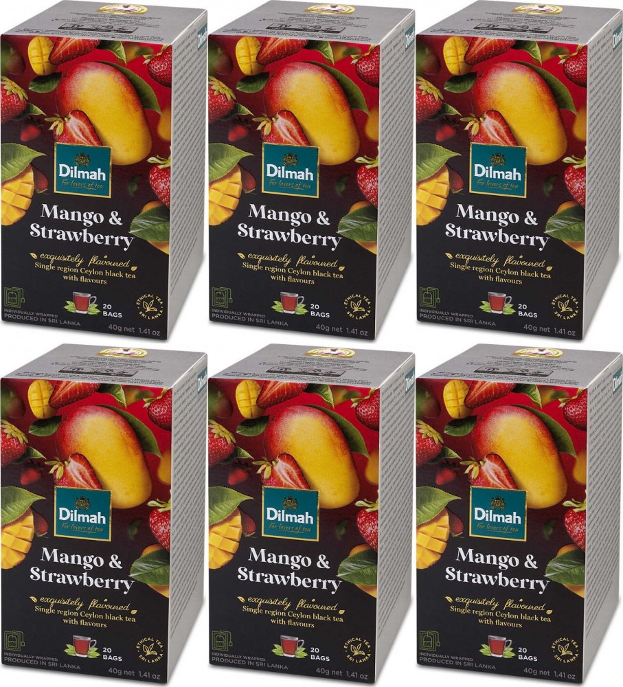 6x Herbata czarna aromatyzowana w kopertach Dilmah Mango & Strawberry, truskawki i mango, 20 sztuk x 2g