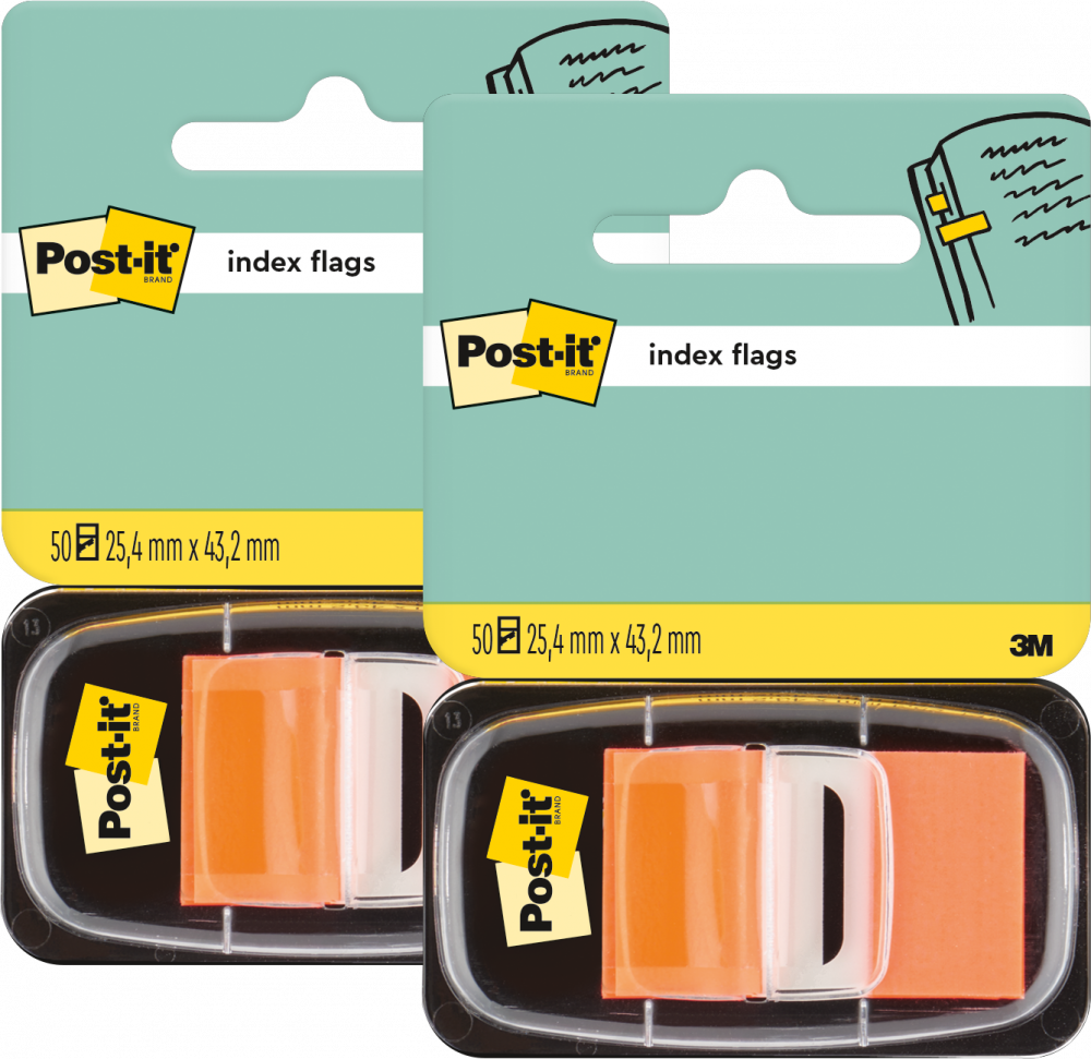 2x Zakładki samoprzylepne Post-it proste, indeksujące, folia, półtransparentne, 25.4x43.2mm, 1x50 sztuk, pomarańczowy