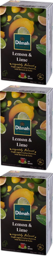 3x Herbata czarna aromatyzowana w torebkach Dilmah, Lemon & Lime, 20 sztuk x 1.5g