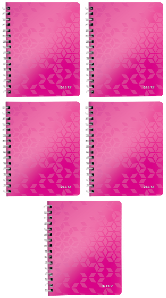 5x Kołonotatnik Leitz Wow, A5, w kratkę, 80 kartek, okładka PP, różowy