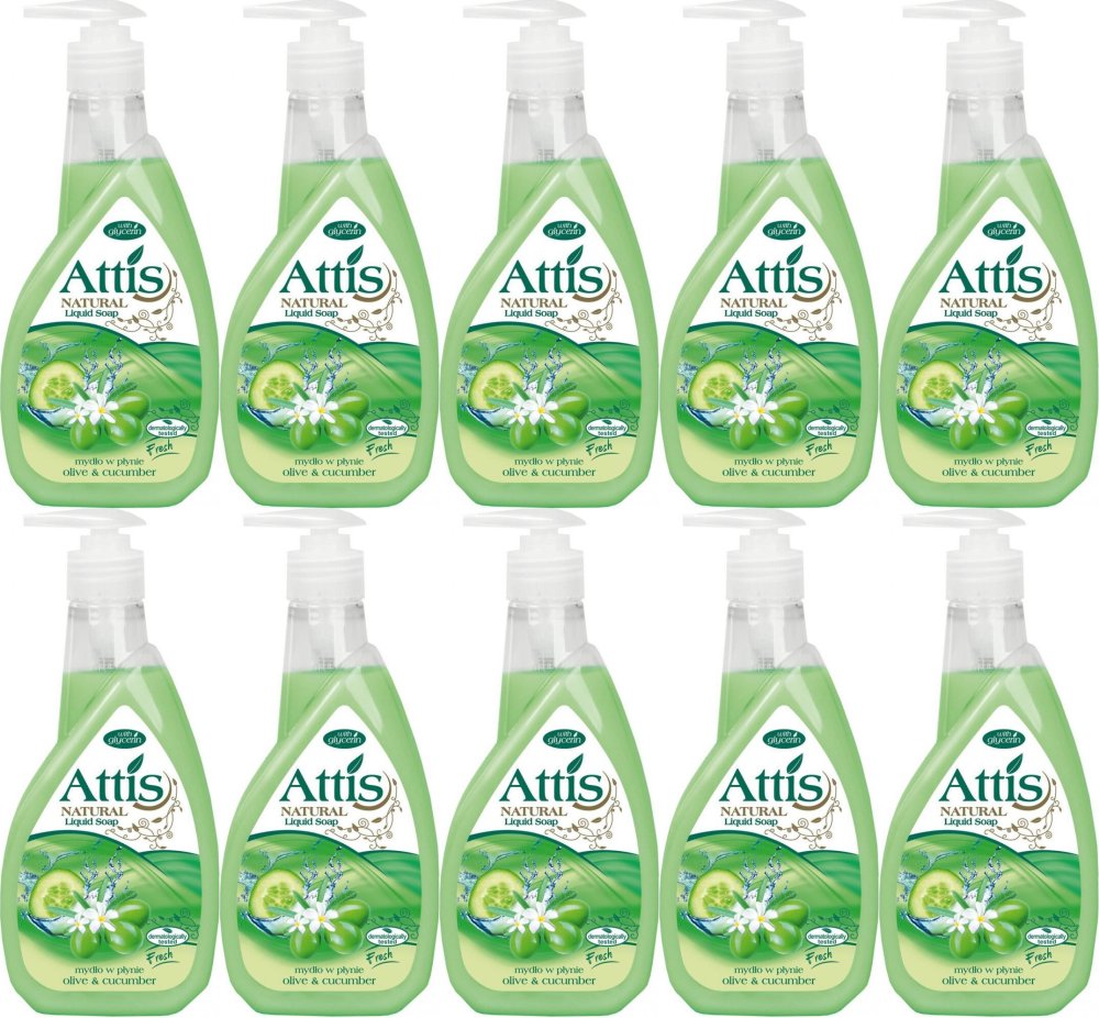10x Mydło w płynie Attis Gold Drop, oliwka i ogórek, z dozownikiem, 400ml