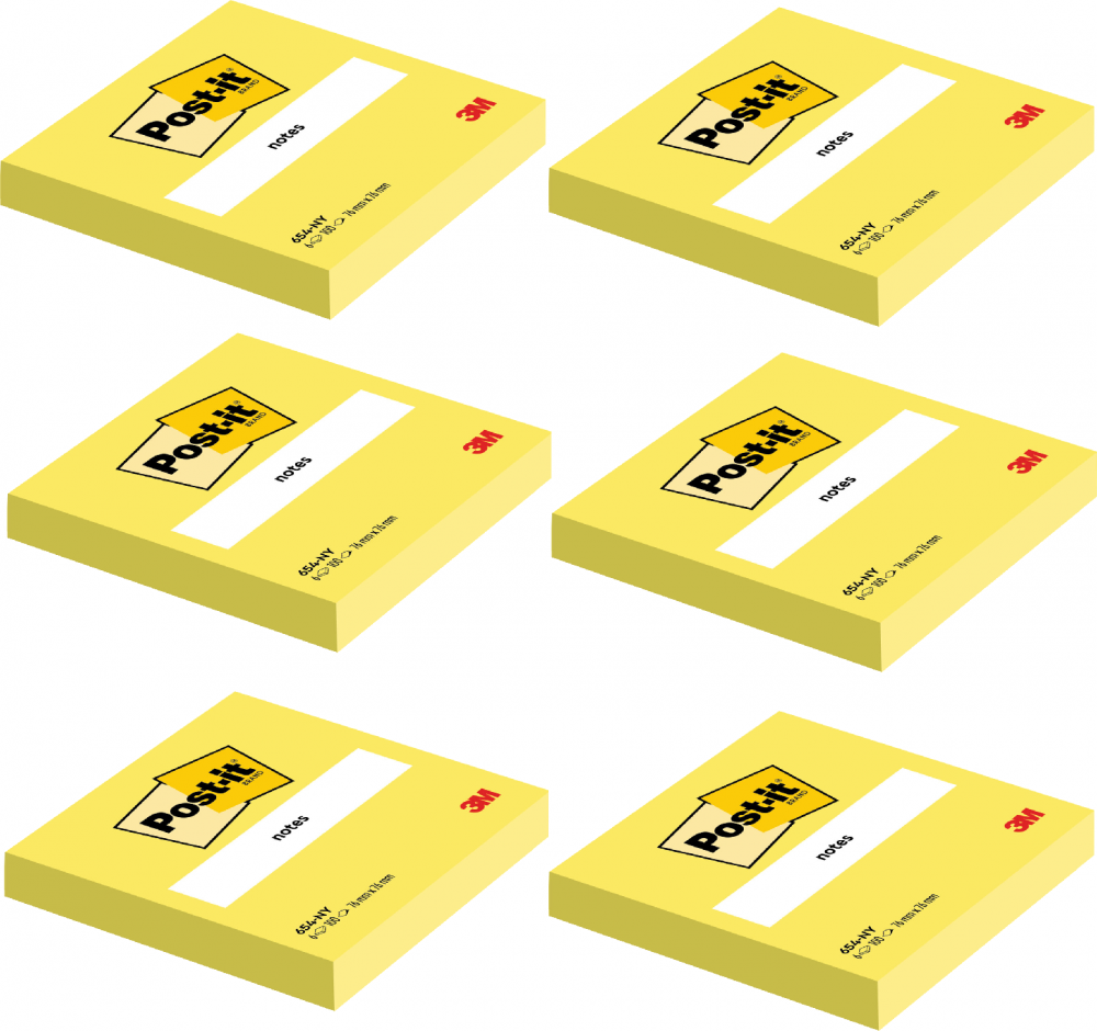 6x Karteczki samoprzylepne Post-it, 76x76mm, 100 karteczek, żółty
