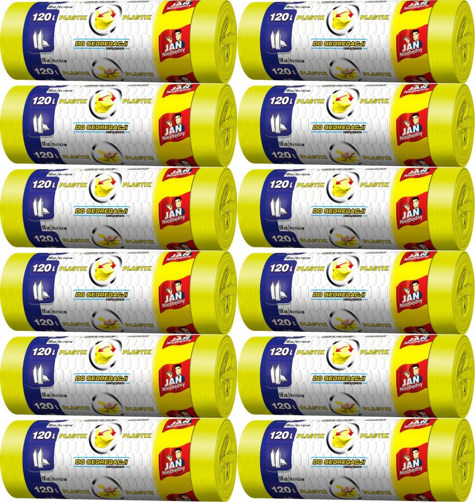 12x Worki na śmieci Jan Niezbędny, na plastik, 120l, 10 sztuk, żółty