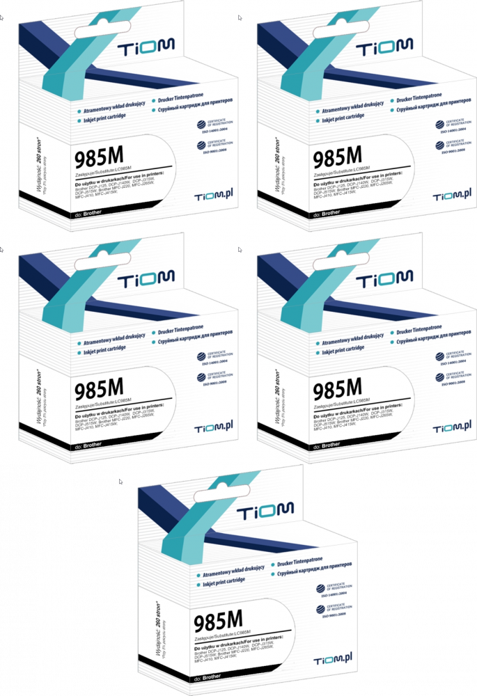 5x Tusz Tiom Ti-B985M LC-985 M (LC985M), 260 stron, magenta (purpurowy)