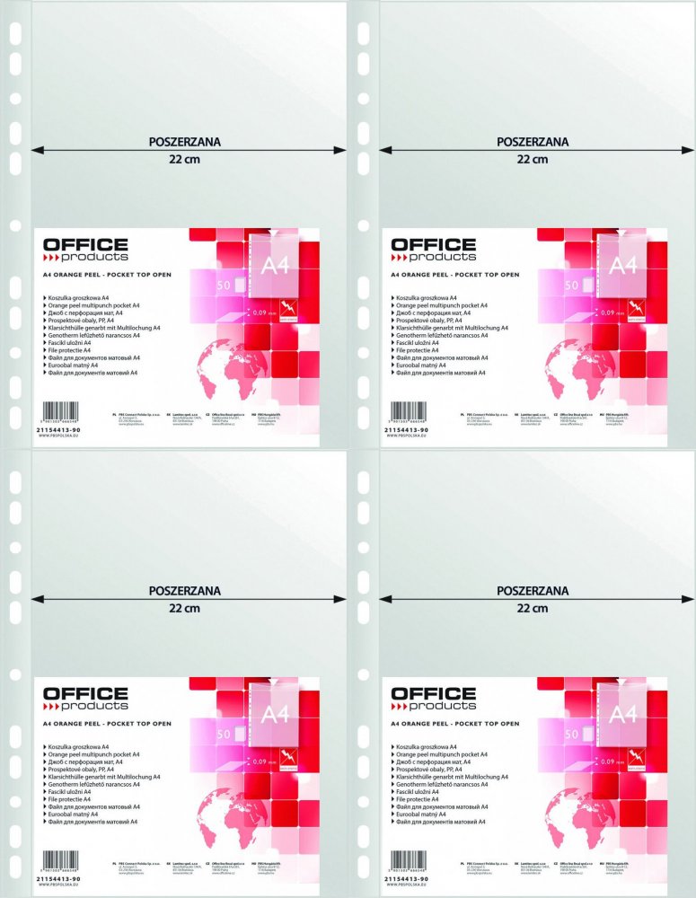 4x Koszulki groszkowe Office Products, poszerzane, A4, 90 μm, 50 sztuk, transparentny