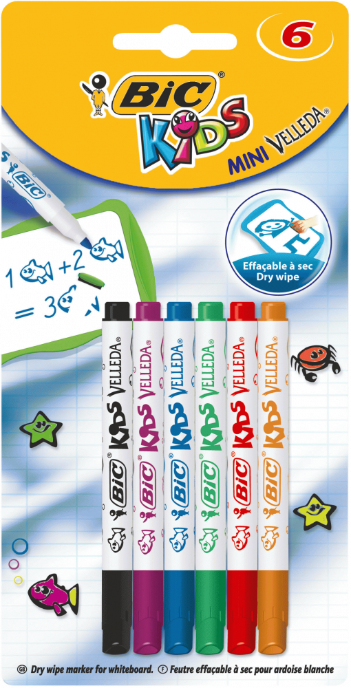Marker suchościeralny Bic Kids Velleda Mini, okrągła, 6 sztuk, blister, mix kolorów