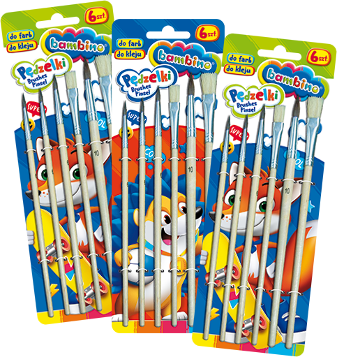 3x Zestaw pędzli Bambino Zwierzaki Uczniaki, do farb i kleju, 6 sztuk, mix rozmiarów