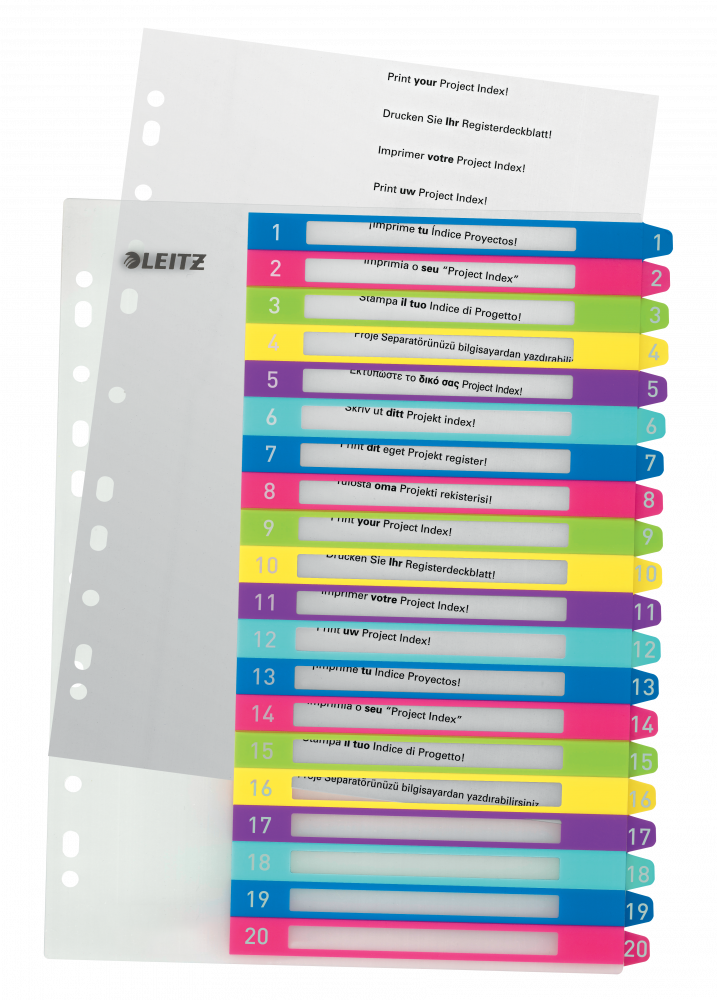 Przekładki do segregatora Leitz Wow, plastikowe, numeryczne, do zadruku, A4+, 20 kart, mix kolorów
