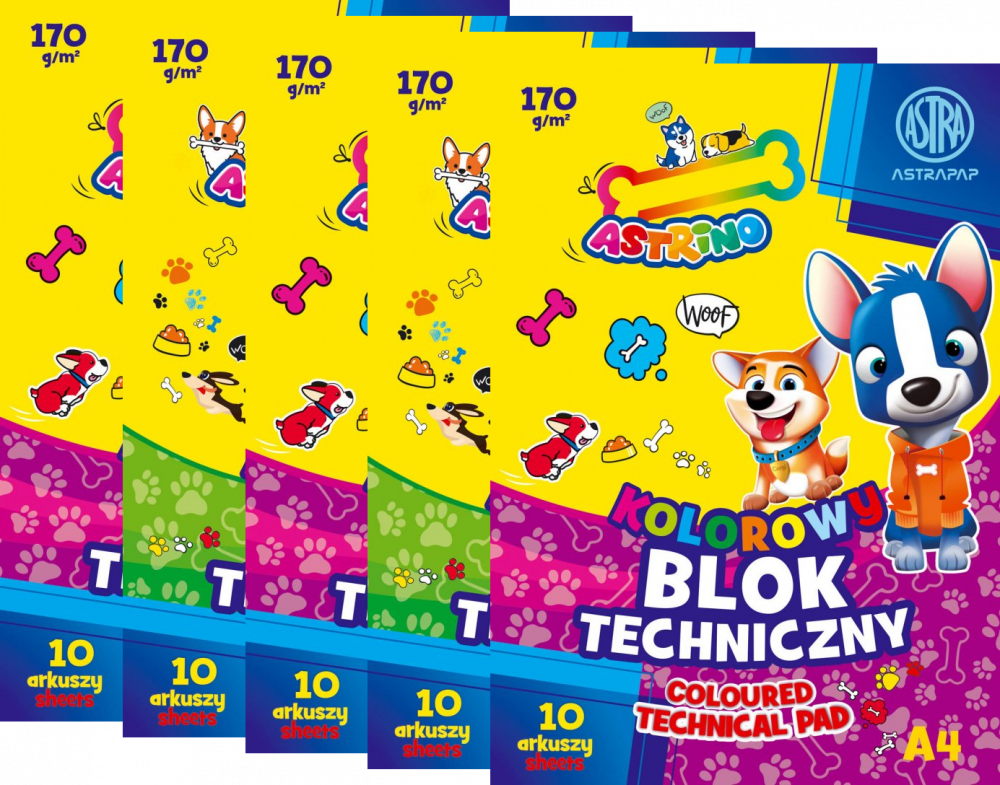 5x Blok techniczny Astra Astrino, A4, 170g, 10 kartek, kolorowy