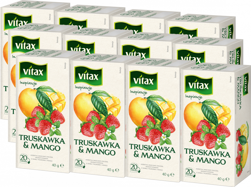 12x Herbata owocowa w torebkach Vitax Inspirations, truskawka i mango, 20 sztuk x 2g