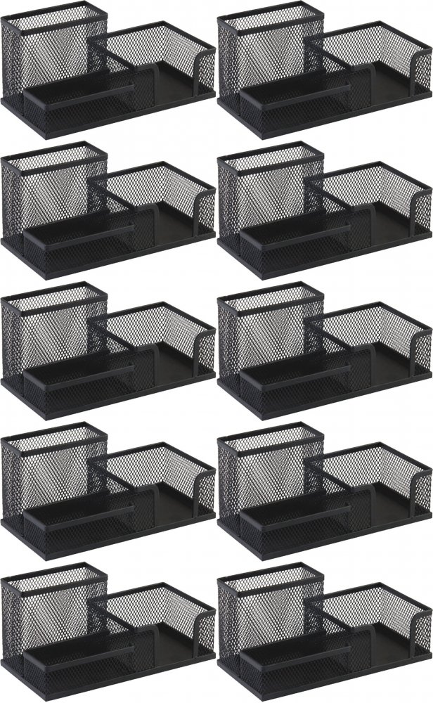 10x Przybornik na biurko Leviatan, metalowy (druciany), 3 przegrody, 205x103x98 mm, czarny