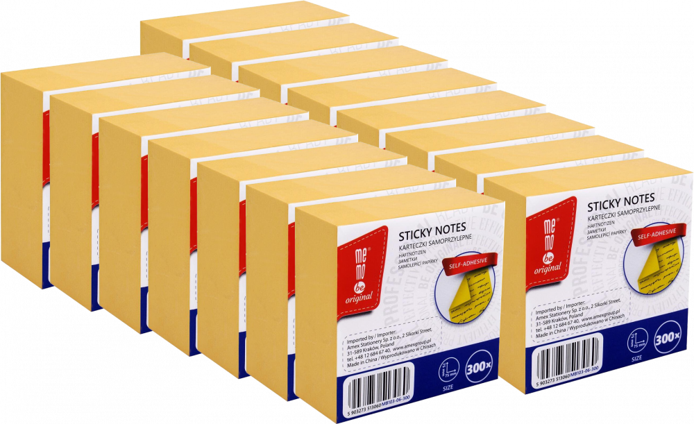 15x Karteczki samoprzylepne MemoBe, 75x75mm, 300 karteczek, żółty