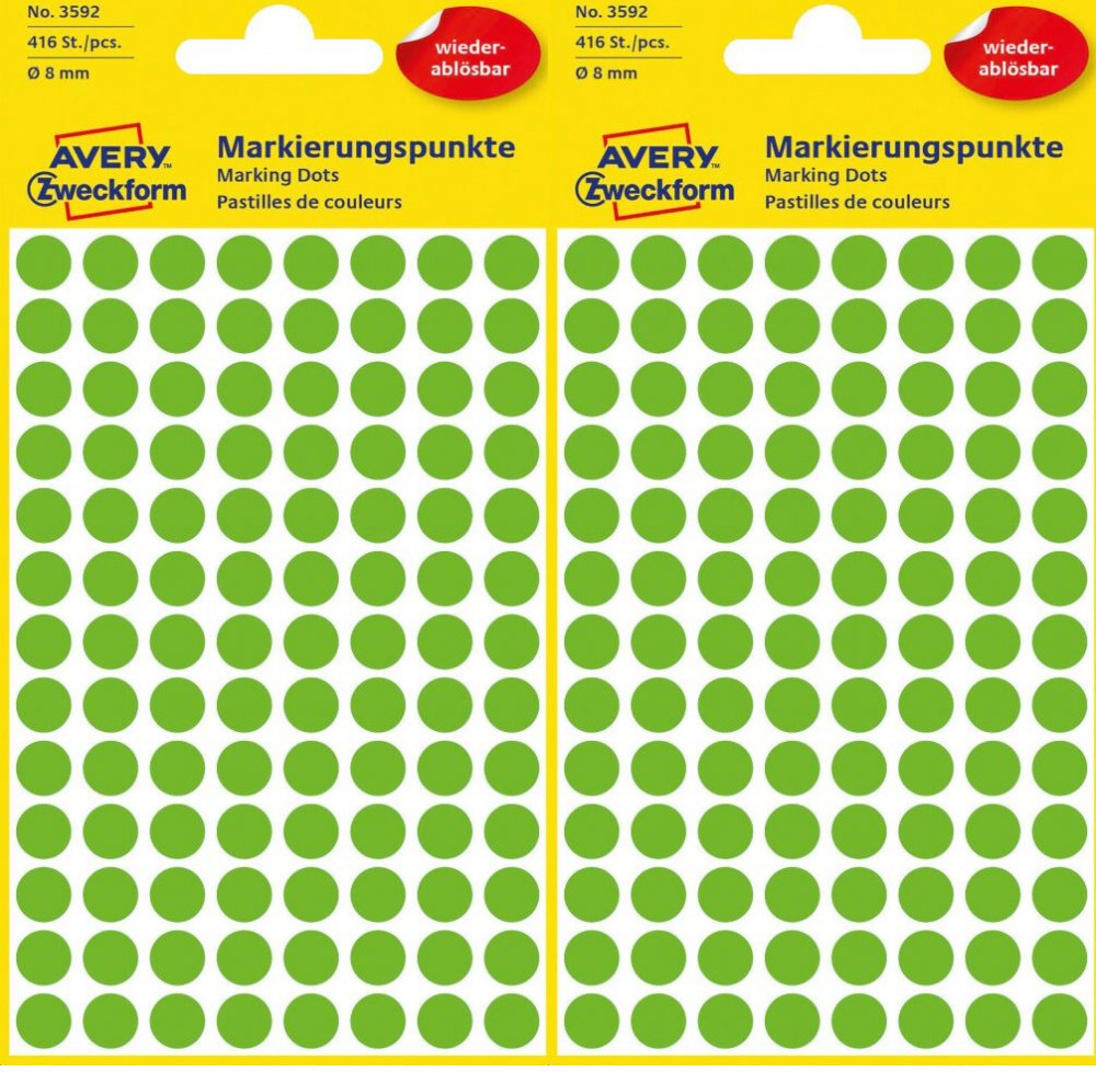 2x Etykiety usuwalne Avery Zweckform, okrągłe, średnica 8mm, 4 arkusze, 416 sztuk, zielony