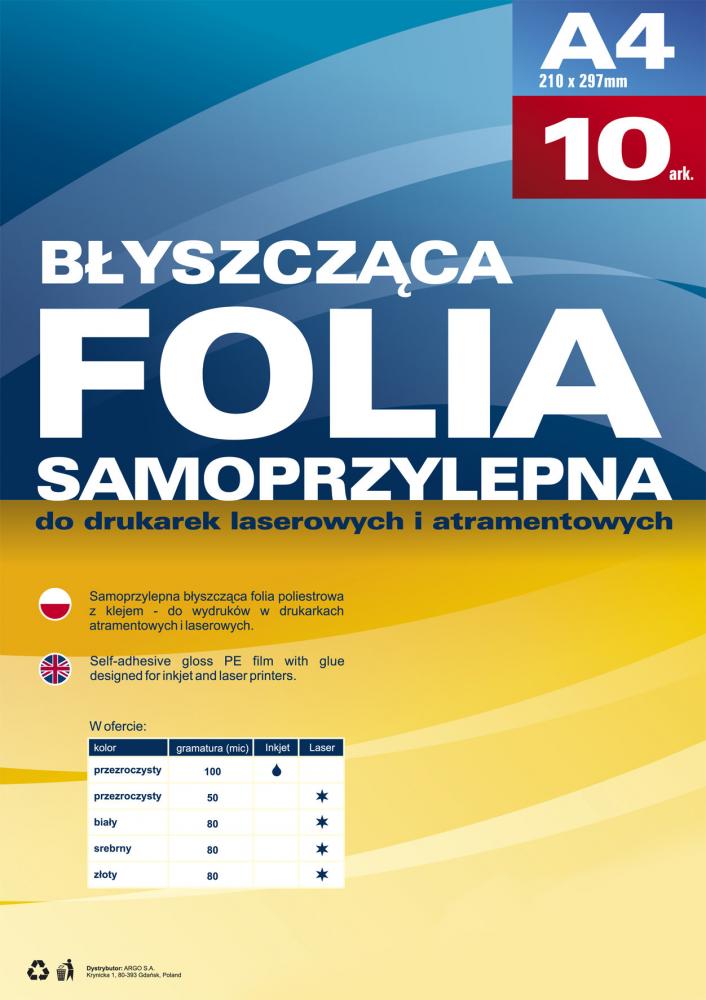 Folia samoprzylepna Argo, do drukarek atramentowych, A4, 10 arkuszy, przezroczysty