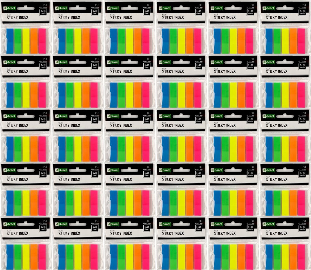 90x Zakładki samoprzylepne D.Rect proste, indeksujące, folia, transparentne, 45x12mm, 5x25 sztuk, mix kolorów neonowych