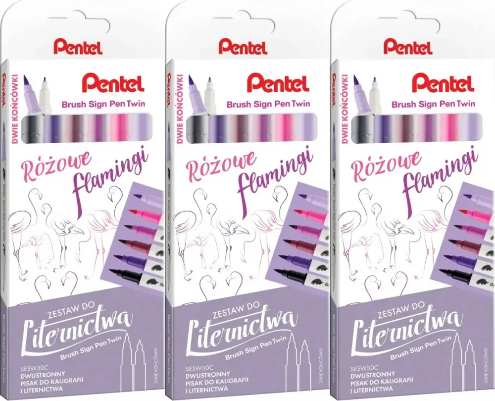 3x Pisaki do kaligrafii i liternictwa Pentel Brush Sign Pen Twin SESW30C Różowe Flamingi, dwustronne, 6 sztuk, mix kolorów