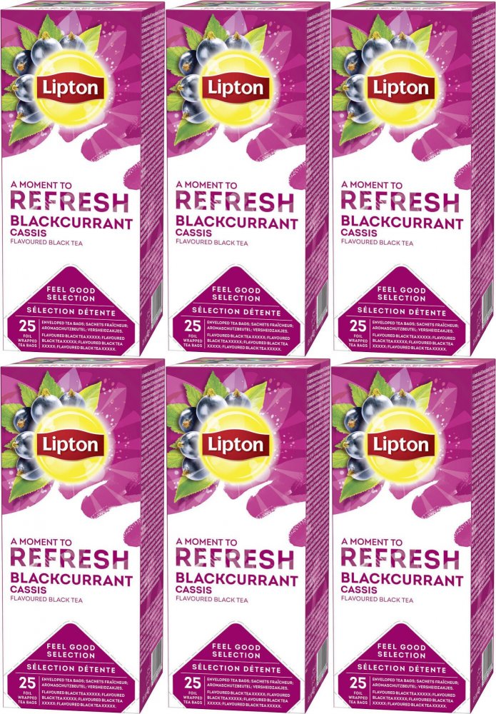 6x Herbata czarna smakowa w kopertach Lipton Classic Blackcurrant, czarna porzeczka, 25 sztuk x 1.6g