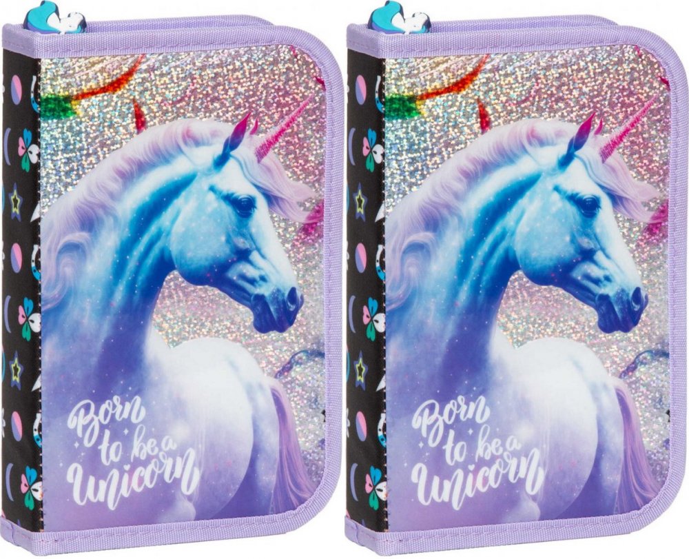 2x Piórnik szkolny Derform Jednorożec 15, 1-komorowy, z wyposażeniem, fioletowy