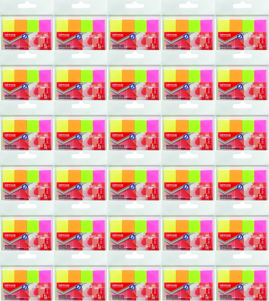 36x Zakładki samoprzylepne Office Products, proste, indeksujące , papier, 20x50mm, 4x50 sztuk, mix kolorów neonowych