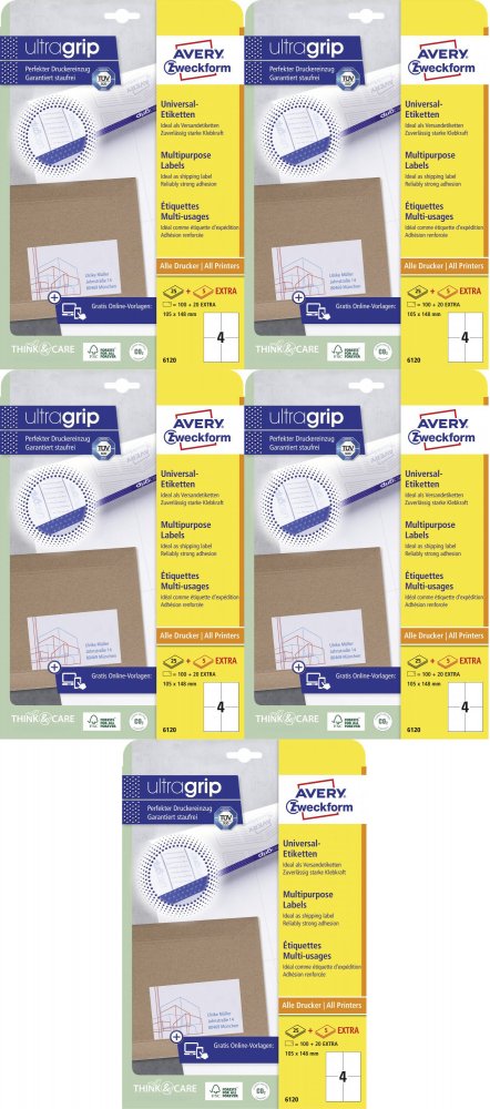 5x Etykiety samoprzylepne Avery Zweckform, 105x148 mm, 25 arkuszy + 5 gratis, biały