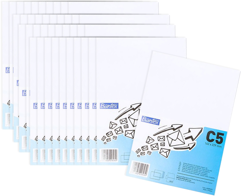 50x Koperta standardowa Bantex, C5, z paskiem HK, 25 sztuk, biały