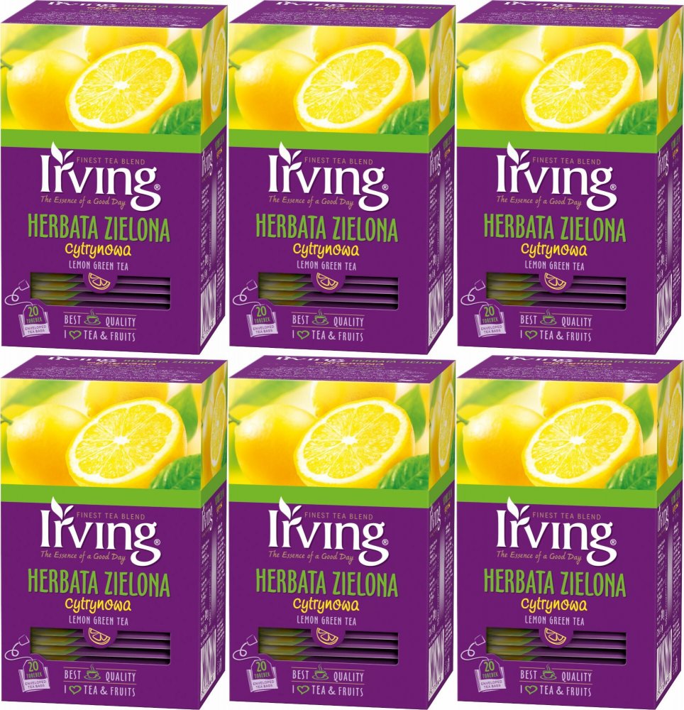 6x Herbata zielona smakowa w kopertach Irving, cytrynowa, 20 sztuk x 1.5g