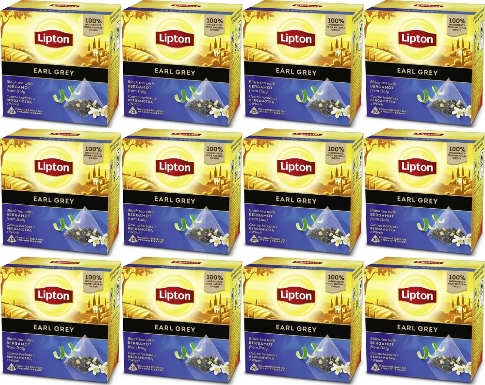 12x Herbata czarna w piramidkach Lipton Earl Grey, z bergamotką, 20 sztuk x 1.6g