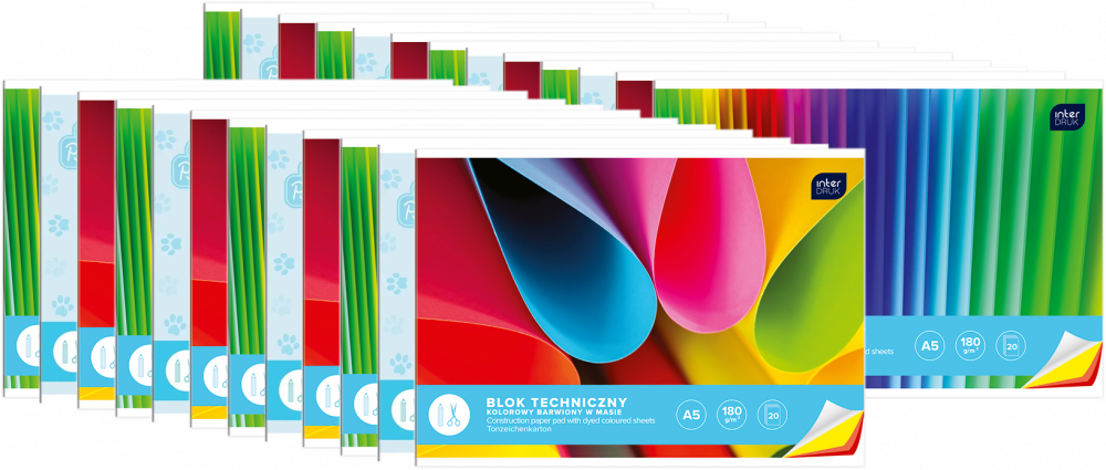 25x Blok techniczny kolorowy Interdruk, A5, 20 kartek, mix kolorów
