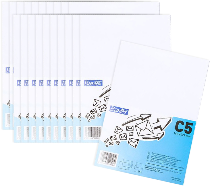 20x Koperta standardowa Bantex, C5, z paskiem HK, 25 sztuk, biały