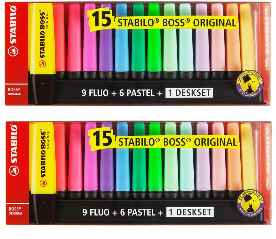 2x zakreślacz Stabilo Boss Original, ścięta, 15 sztuk, mix kolorów