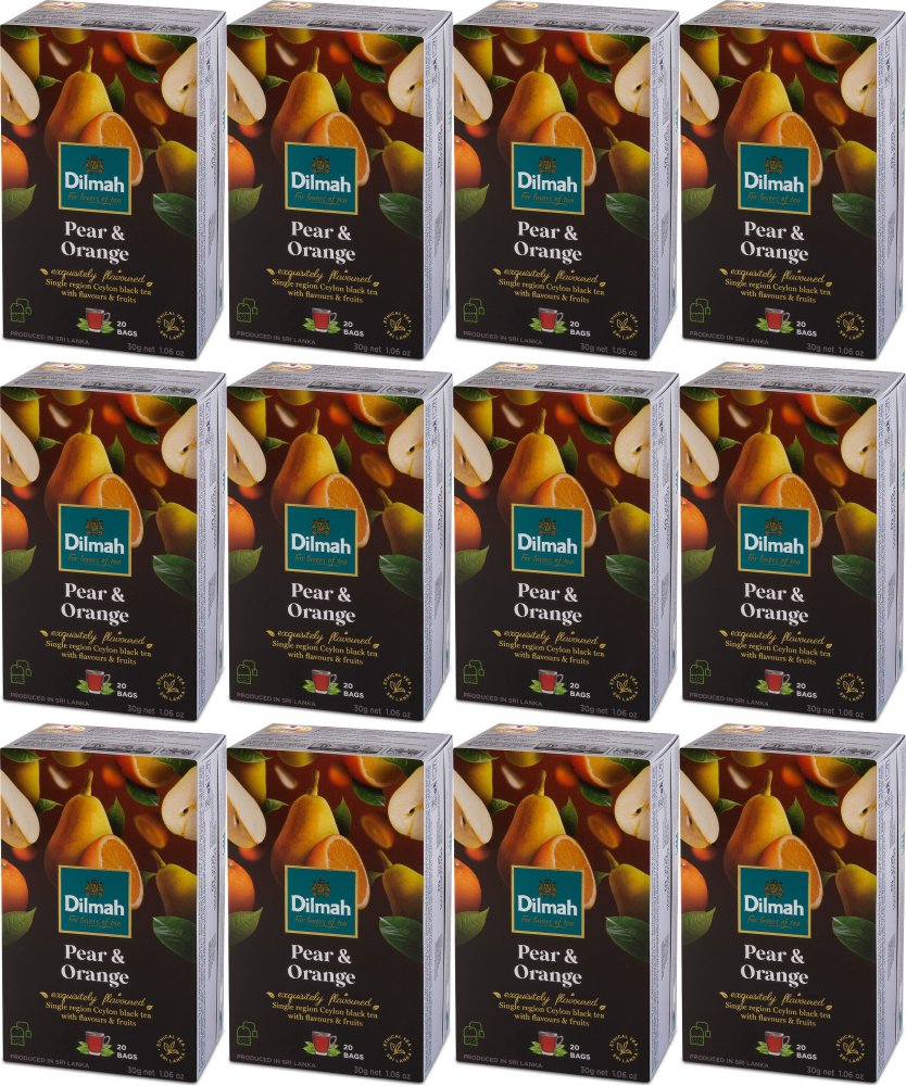 12x Herbata czarna aromatyzowana w torebkach Dilmah, gruszka i pomarańcza, 20 sztuk x 1.5g