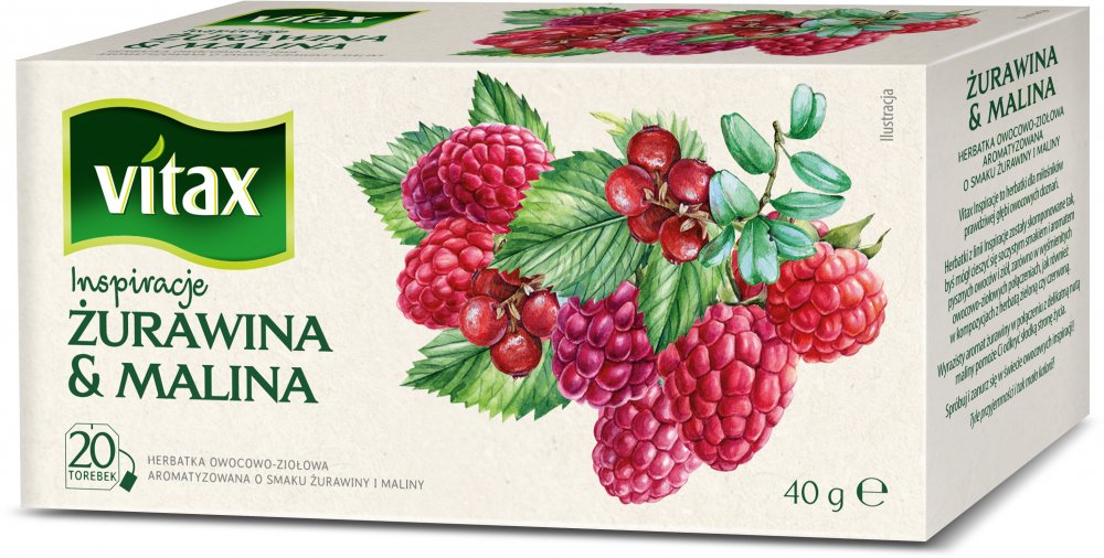 Herbata owocowa w torebkach Vitax Inspirations, żurawina i malina, 20 sztuk x 2g