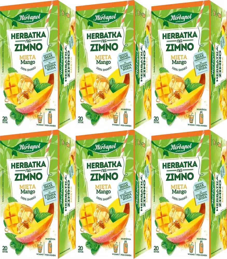 6x Herbata owocowo-ziołowa w kopertach Herbapol, na zimno, mięta z mango, 20 sztuk x 1.8g