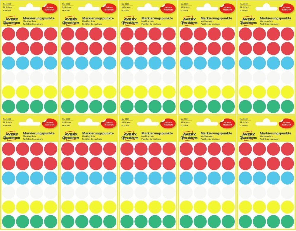 10x Etykiety Avery Zweckform, okrągłe, średnica 18mm, 96 sztuk, mix kolorów