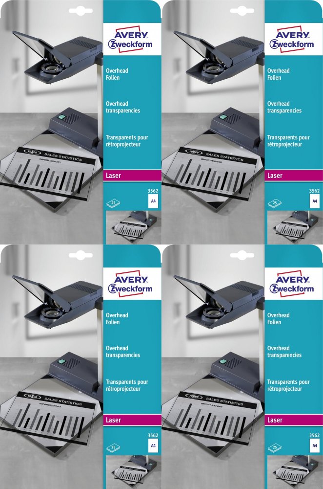 4x Folia do rzutnika Avery Zweckform, do czarno-białych drukarek laserowych i kopiarek, A4, 25 sztuk, przezroczysty