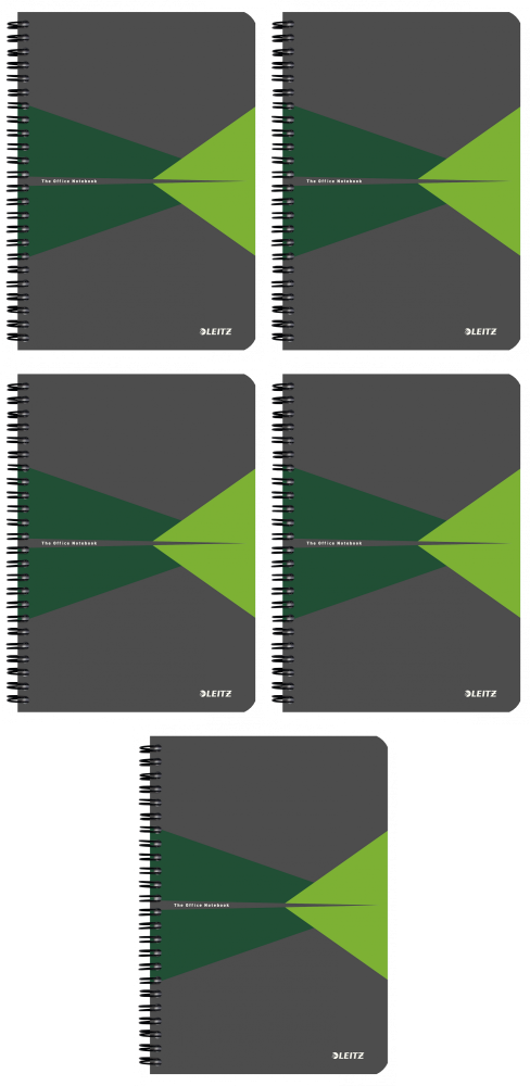 5x Kołonotatnik Leitz Office Card A5, w kratkę, 90 kartek, okładka kartonowa, szaro-zielony