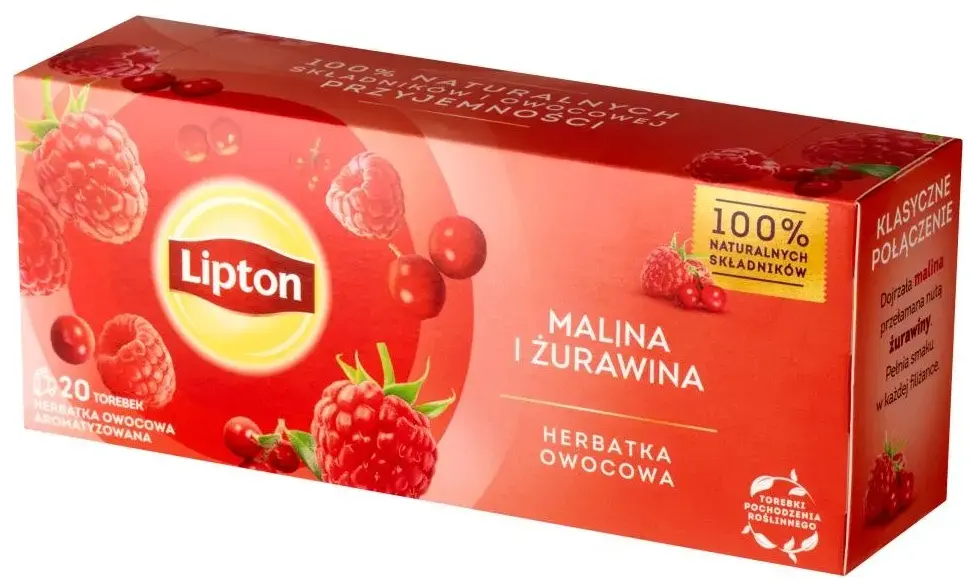 Herbata owocowa w torebkach Lipton, malina i żurawina, 20 sztuk x 1.6g