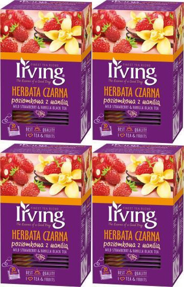 4x Herbata czarna aromatyzowana w kopertach Irving, poziomka z wanilią, 20 sztuk x 1.5g