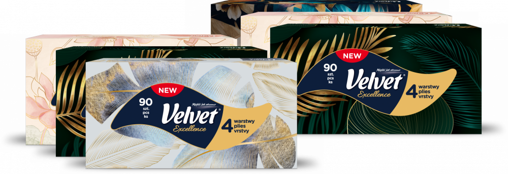 6x Chusteczki higieniczne Velvet Excellence, w kartoniku, 90 sztuk, mix wzorów