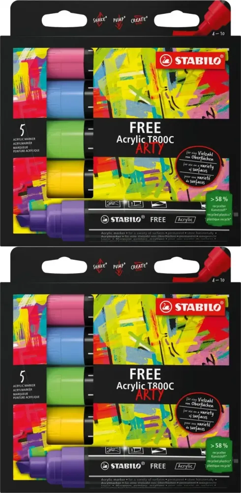 2x Pisak akrylowy Stabilo Free Acrylic T800C 693/5 Seaside Set, ścięta, 4-10mm, 5 sztuk, mix kolorów