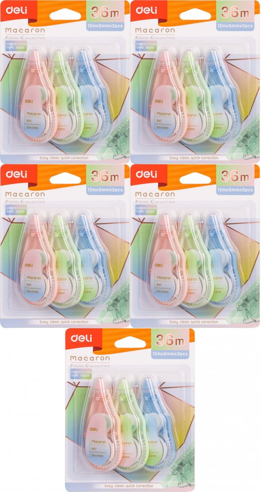 5x Korektor w taśmie Deli Macaron, 5mmx12m, 3 sztuki