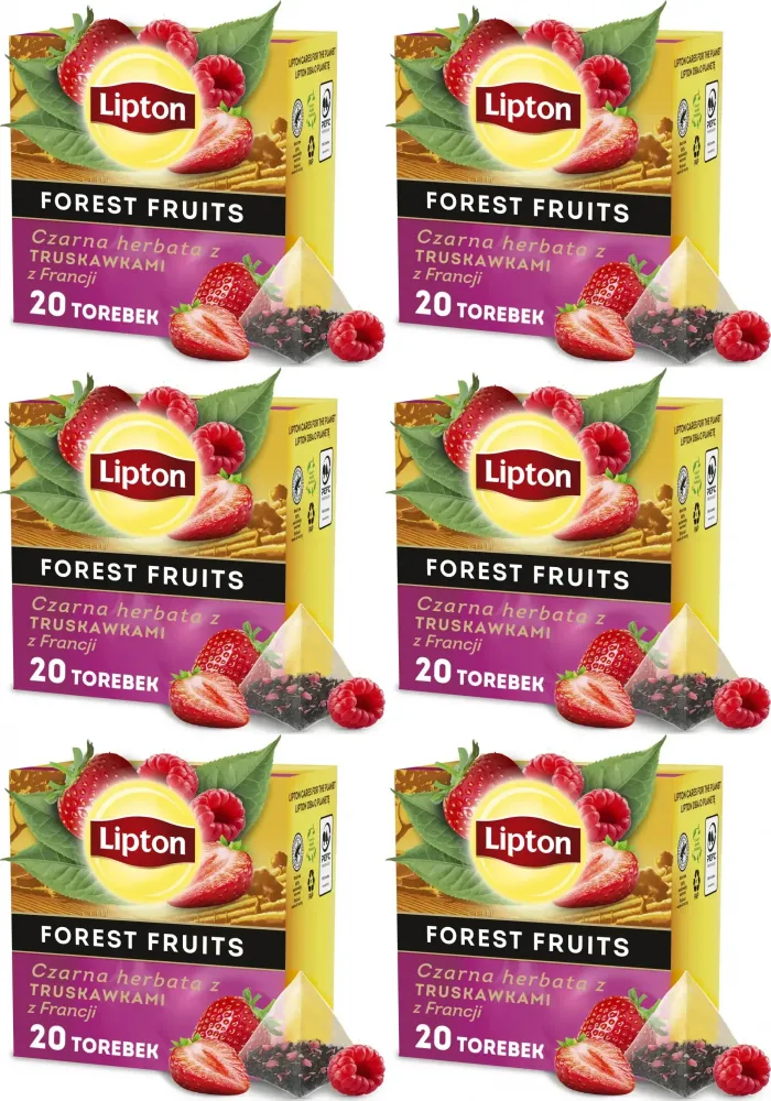 6x Herbata czarna w piramidkach Lipton, z truskawkami z Francji, 20 sztuk x 1.5g