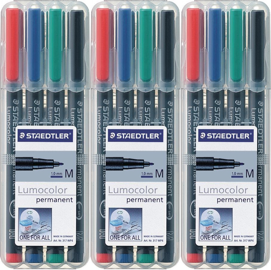 3x Foliopis Staedtler Lumocolor, 4 sztuki w etui, okrągła, 0.8-1mm (M), mix kolorów