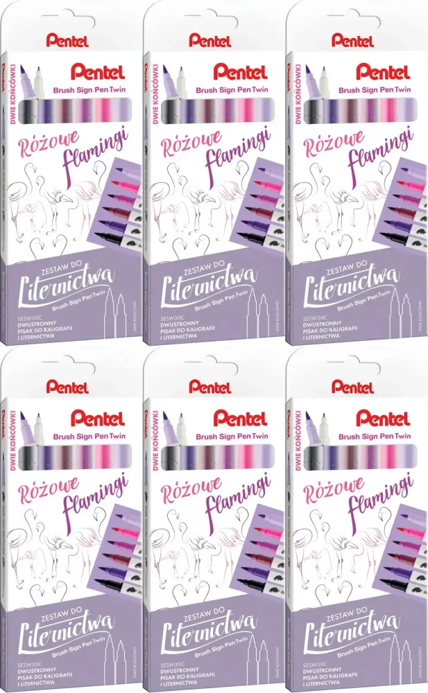 6x Pisaki do kaligrafii i liternictwa Pentel Brush Sign Pen Twin SESW30C Różowe Flamingi, dwustronne, 6 sztuk, mix kolorów