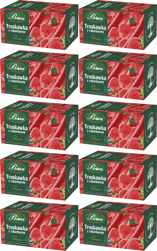10x Herbata owocowa w kopertach BiFix Premium, truskawka z rabarbarem, 20 sztuk x 2g