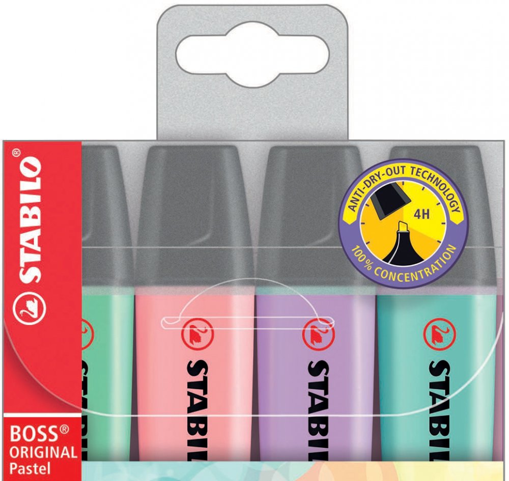 Zakreślacz Stabilo, Boss OriginalPastel 70/4-2, ścięta, 4 sztuki, mix kolorów pastelowych