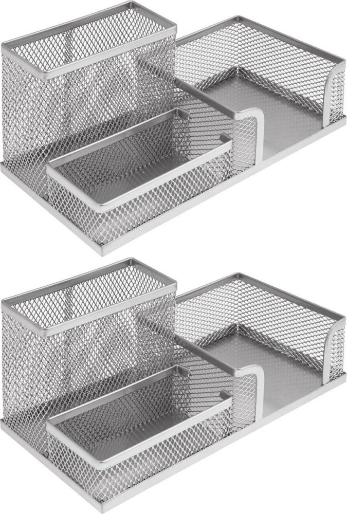 2x Przybornik na biurko MemoBe, bez wyposażenia, metalowy (druciany), 3 przegrody, 9.5x10.5x10cm, srebrny