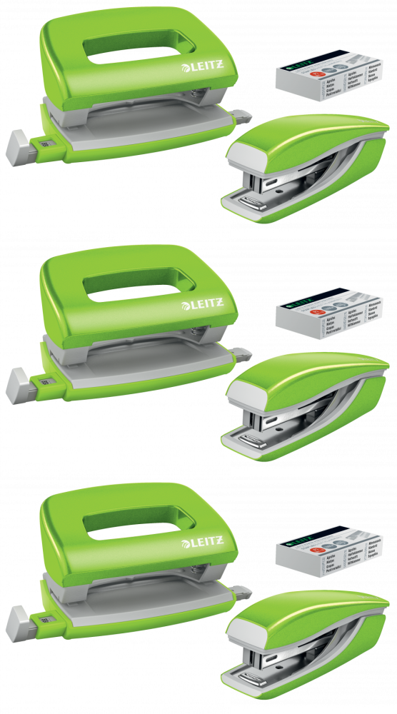 3x Zestaw zszywacz i dziurkacz Leitz Mini NeXXt Wow, metalowy, zielony